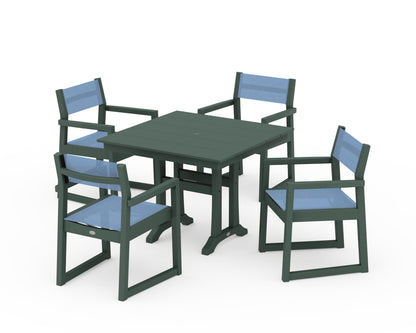 POLYWOOD® EDGE Sling 5-Piece Farmhouse Dining Set with Trestle Legs in Green / Poolside Sling