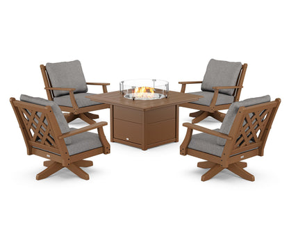 Country Living Wovendale 5-Piece Deep Seating Swivel Conversation Set with Fire Pit Table in Teak / Grey Mist