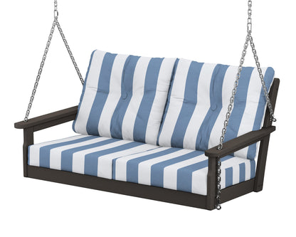 POLYWOOD® Vineyard Deep Seating Swing in Vintage Coffee / Cabana Stripe Sky Blue