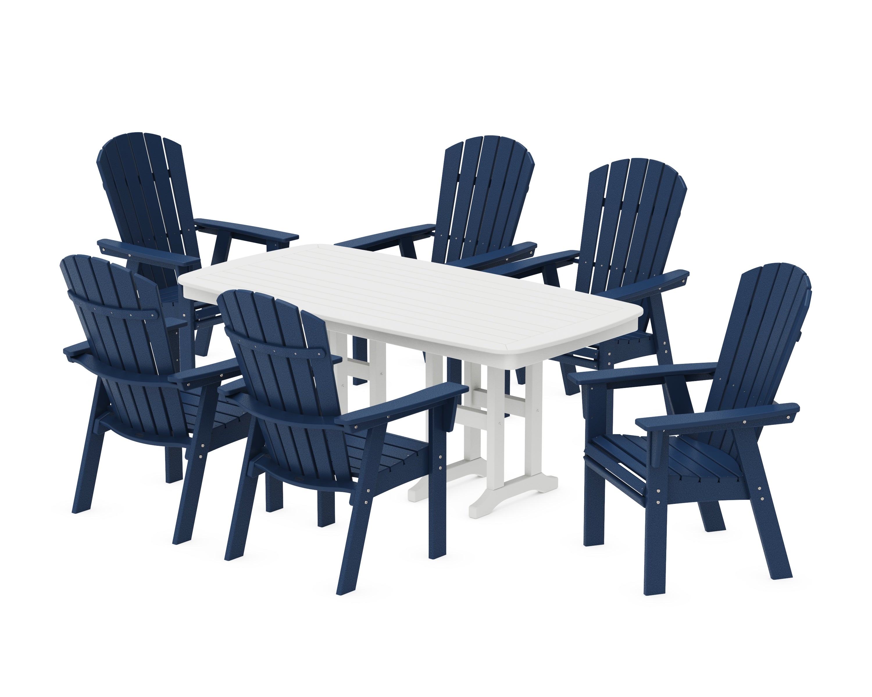 POLYWOOD® Nautical Curveback Adirondack 7-Piece Dining Set in Navy / White