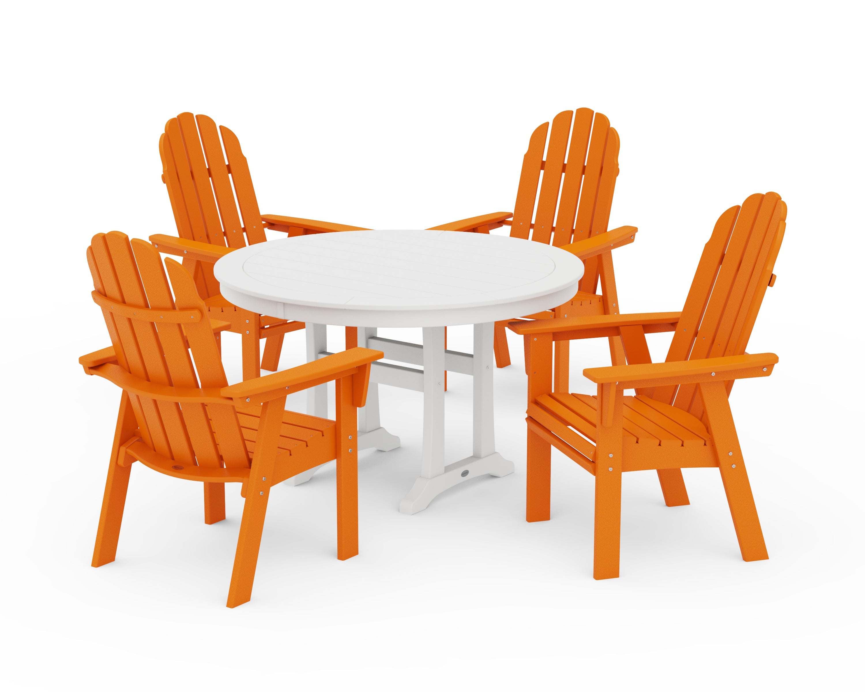 POLYWOOD® Vineyard Curveback Adirondack 5-Piece Nautical Trestle Dining Set in Tangerine / White