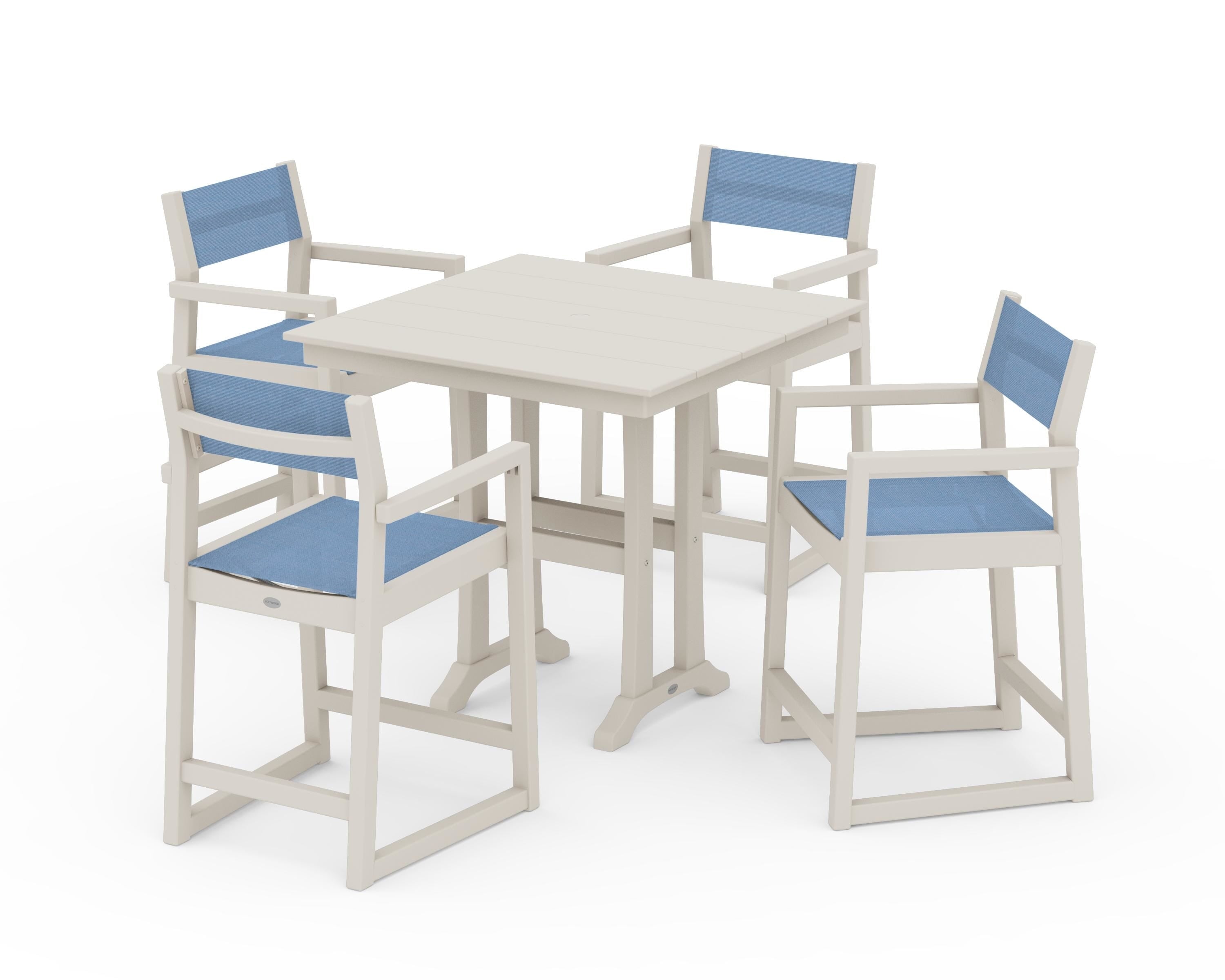 POLYWOOD® EDGE Sling Arm Chair 5-Piece Farmhouse Counter Set with Trestle Legs in Sand / Poolside Sling