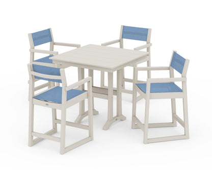 POLYWOOD® EDGE Sling Arm Chair 5-Piece Farmhouse Counter Set with Trestle Legs in Sand / Poolside Sling
