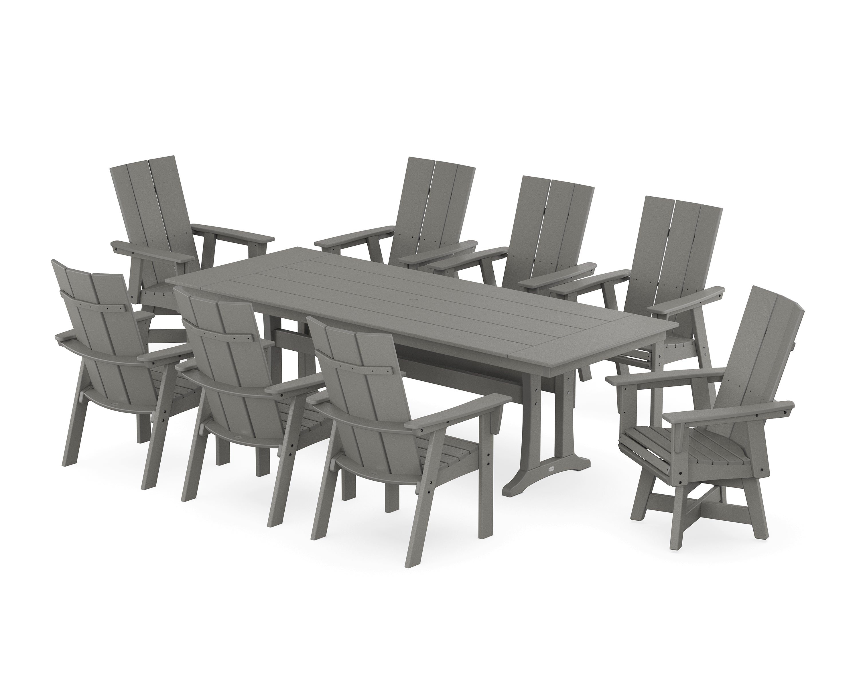 POLYWOOD® Modern Curveback Adirondack Swivel 9-Piece Farmhouse Dining Set with Trestle Legs in Slate Grey