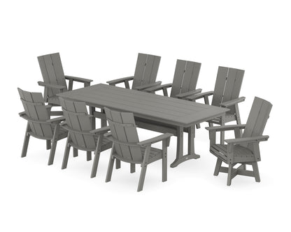 POLYWOOD® Modern Curveback Adirondack Swivel 9-Piece Farmhouse Dining Set with Trestle Legs in Slate Grey