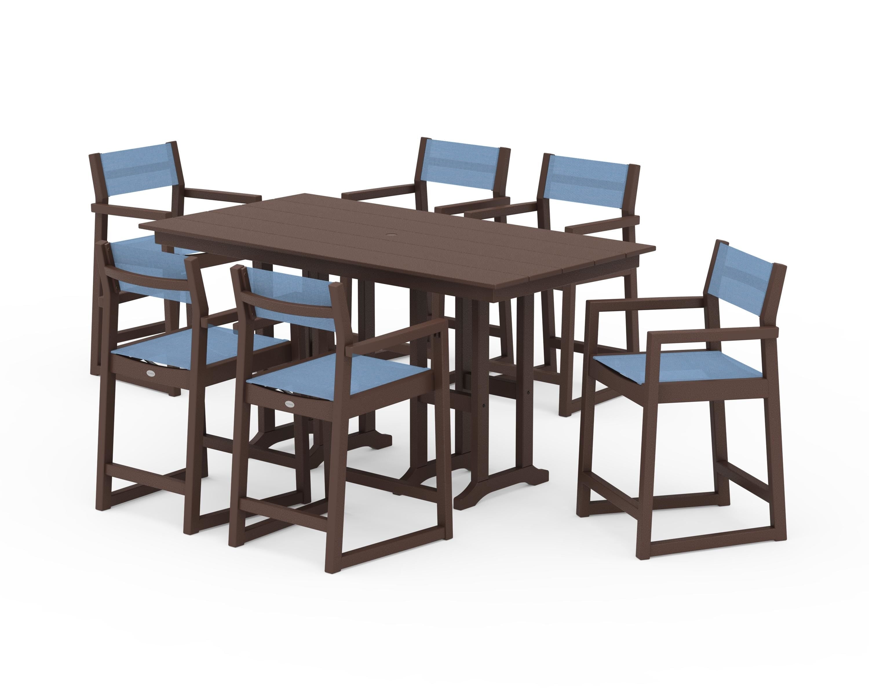POLYWOOD® EDGE Sling Arm Chair 7-Piece Farmhouse Counter Set in Mahogany / Poolside Sling