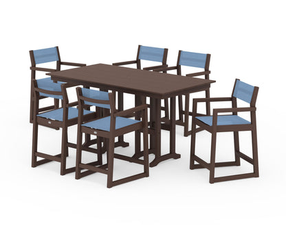 POLYWOOD® EDGE Sling Arm Chair 7-Piece Farmhouse Counter Set in Mahogany / Poolside Sling