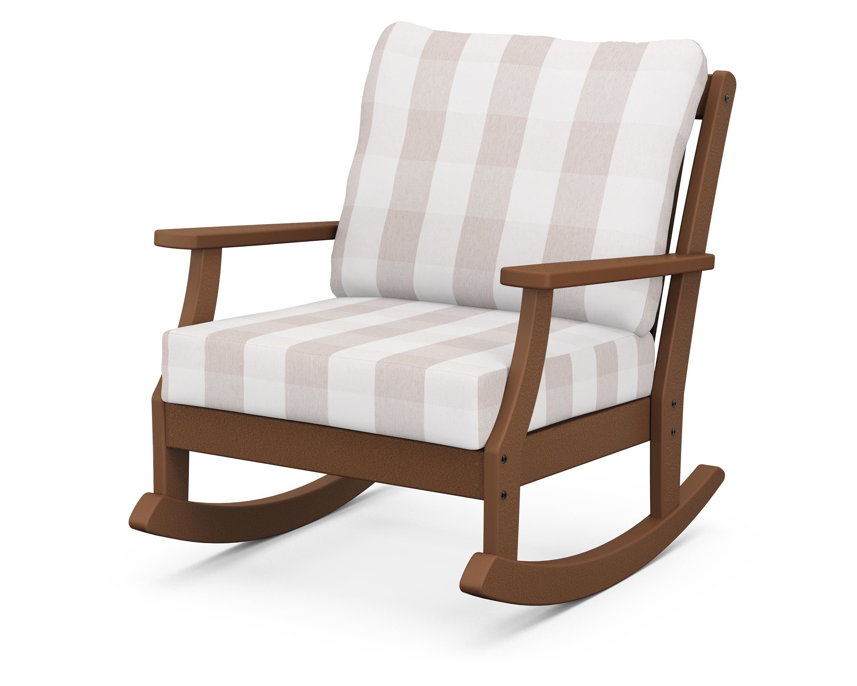 POLYWOOD® Braxton Deep Seating Rocking Chair in Teak / Buffalo Plaid Dune Burlap
