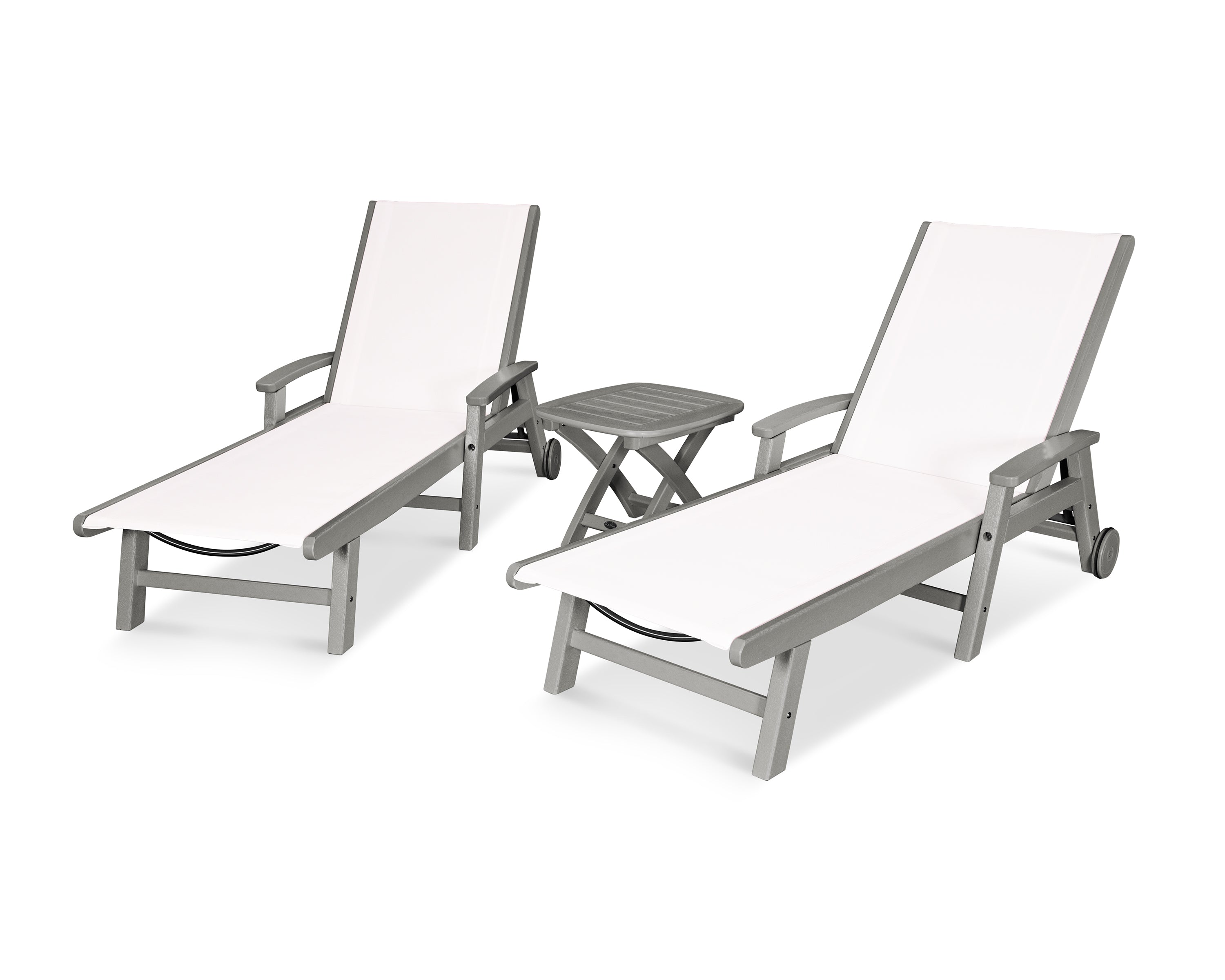 POLYWOOD® Coastal 3-Piece Wheeled Chaise Set in Slate Grey / White Sling