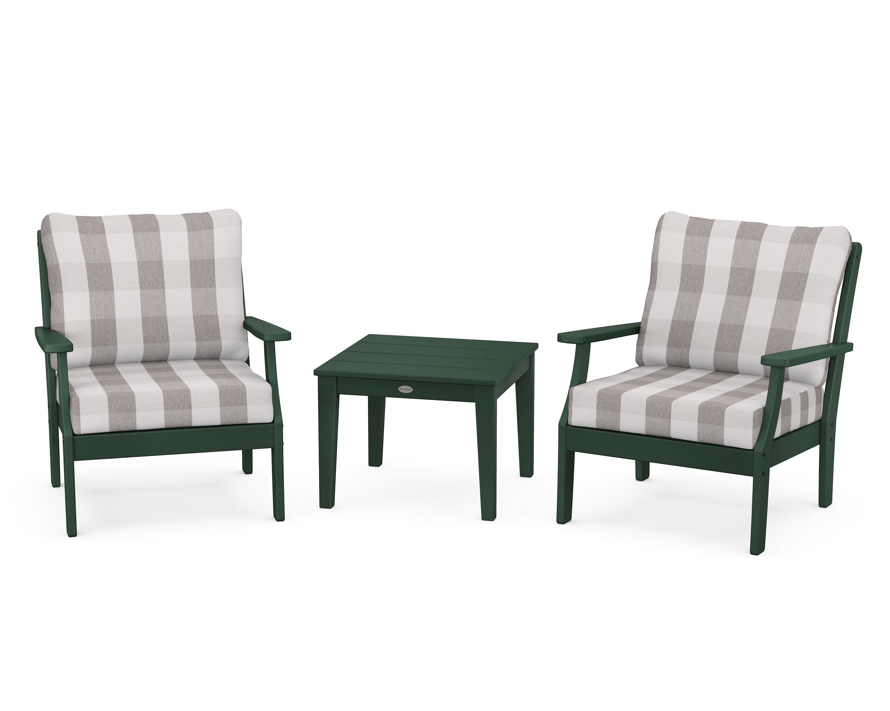 POLYWOOD® Braxton 3-Piece Deep Seating Set in Green / Buffalo Plaid Grey Mist
