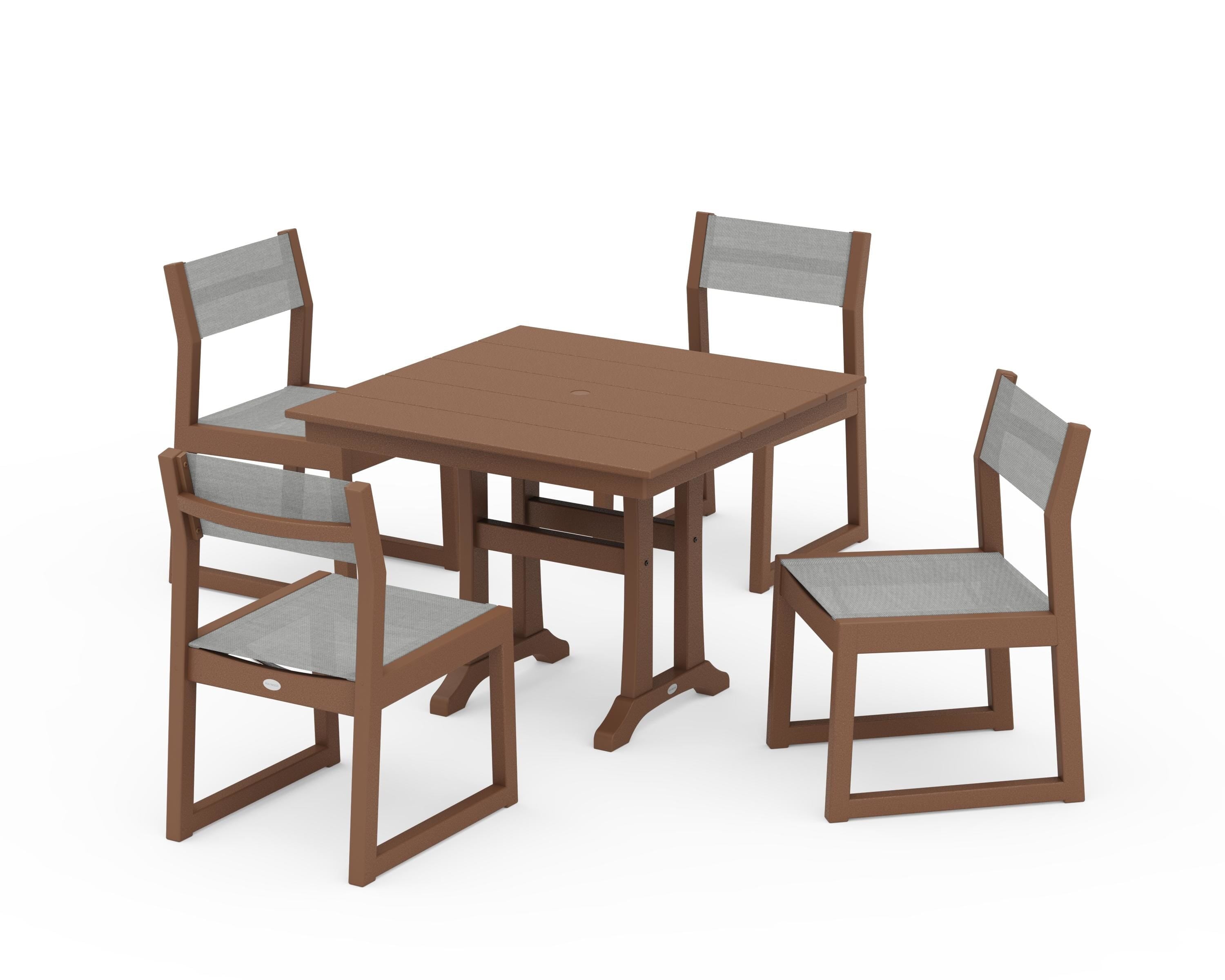 POLYWOOD® EDGE Sling 5-Piece Farmhouse Trestle Side Chair Dining Set in Teak / Metallic Sling