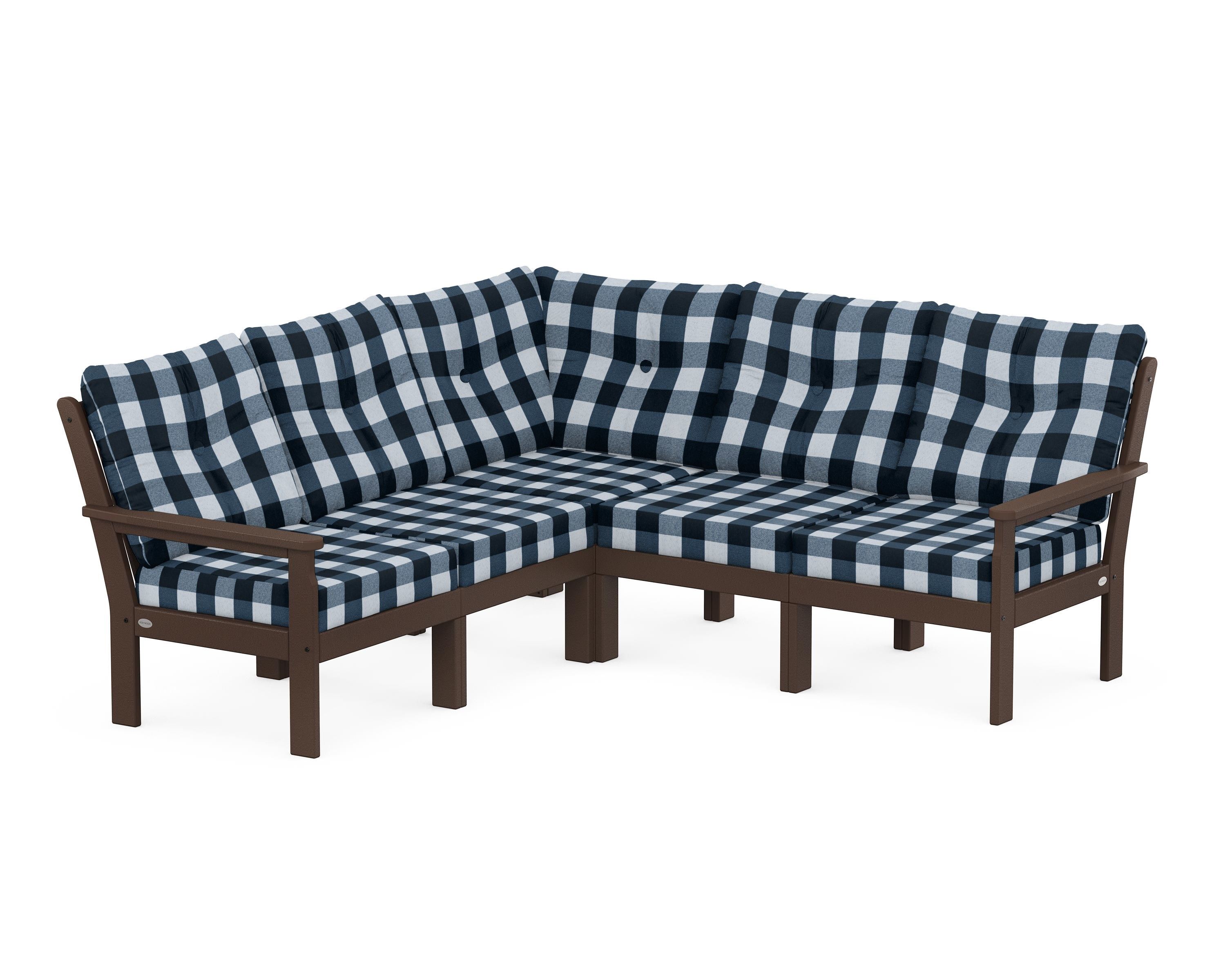 POLYWOOD® Vineyard 5-Piece Sectional in Mahogany / Buffalo Plaid Marine Indigo