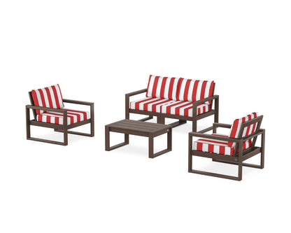 POLYWOOD® EDGE Sectional 4-Piece Deep Seating Set with Loveseat in Mahogany / Cabana Stripe Crimson