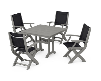 POLYWOOD® Coastal Folding Chair 5-Piece Farmhouse Dining Set With Trestle Legs in Slate Grey / Black Sling