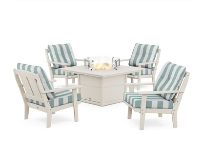 POLYWOOD® Mission 5-Piece Deep Seating Set with Fire Pit Table in Sand / Cabana Stripe Glacier Spa