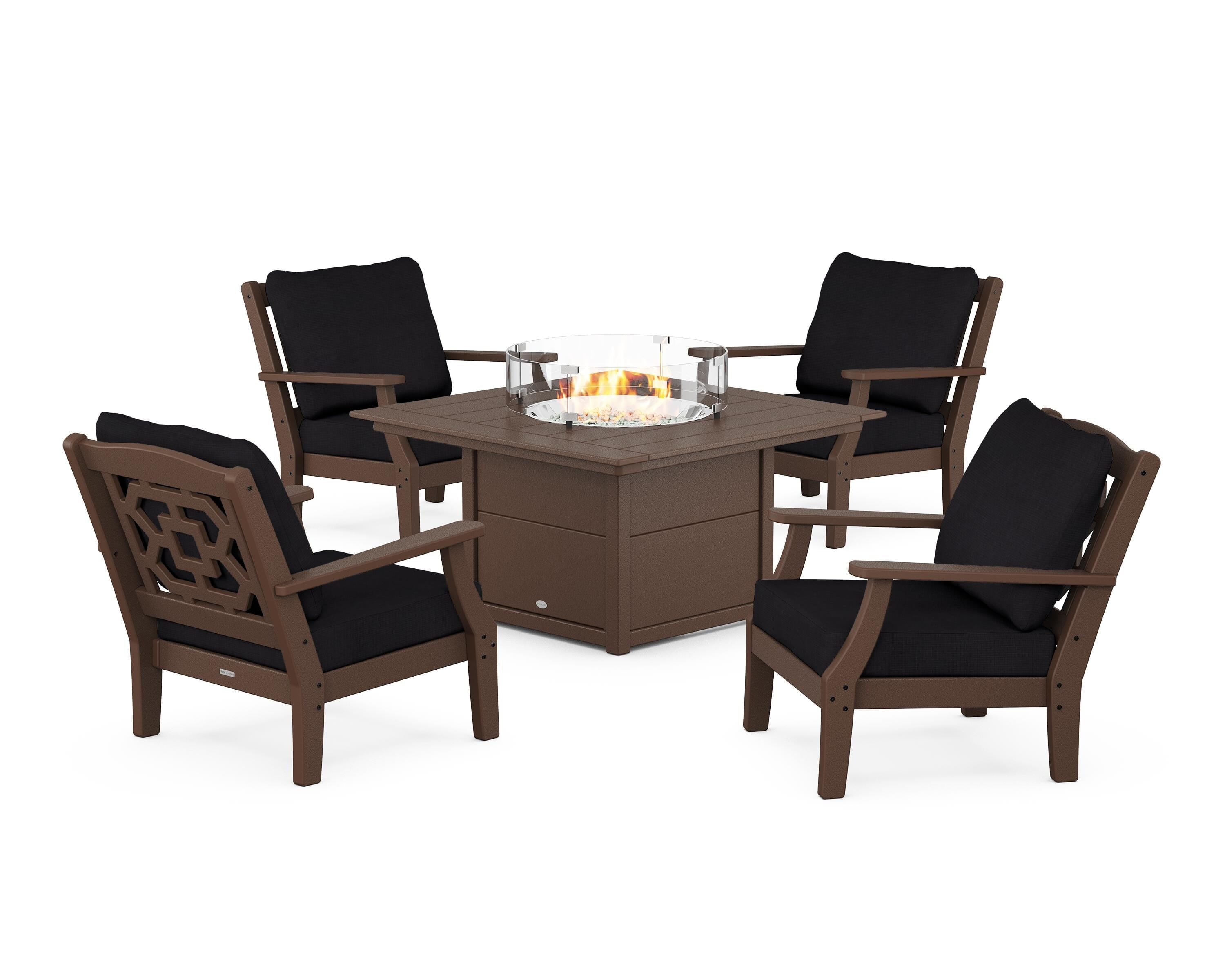 Martha Stewart by POLYWOOD® Chinoiserie 5-Piece Deep Seating Set with Fire Pit Table in Mahogany / Midnight Linen