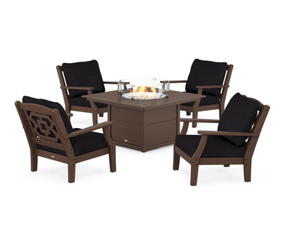 Martha Stewart by POLYWOOD® Chinoiserie 5-Piece Deep Seating Set with Fire Pit Table in Mahogany / Midnight Linen
