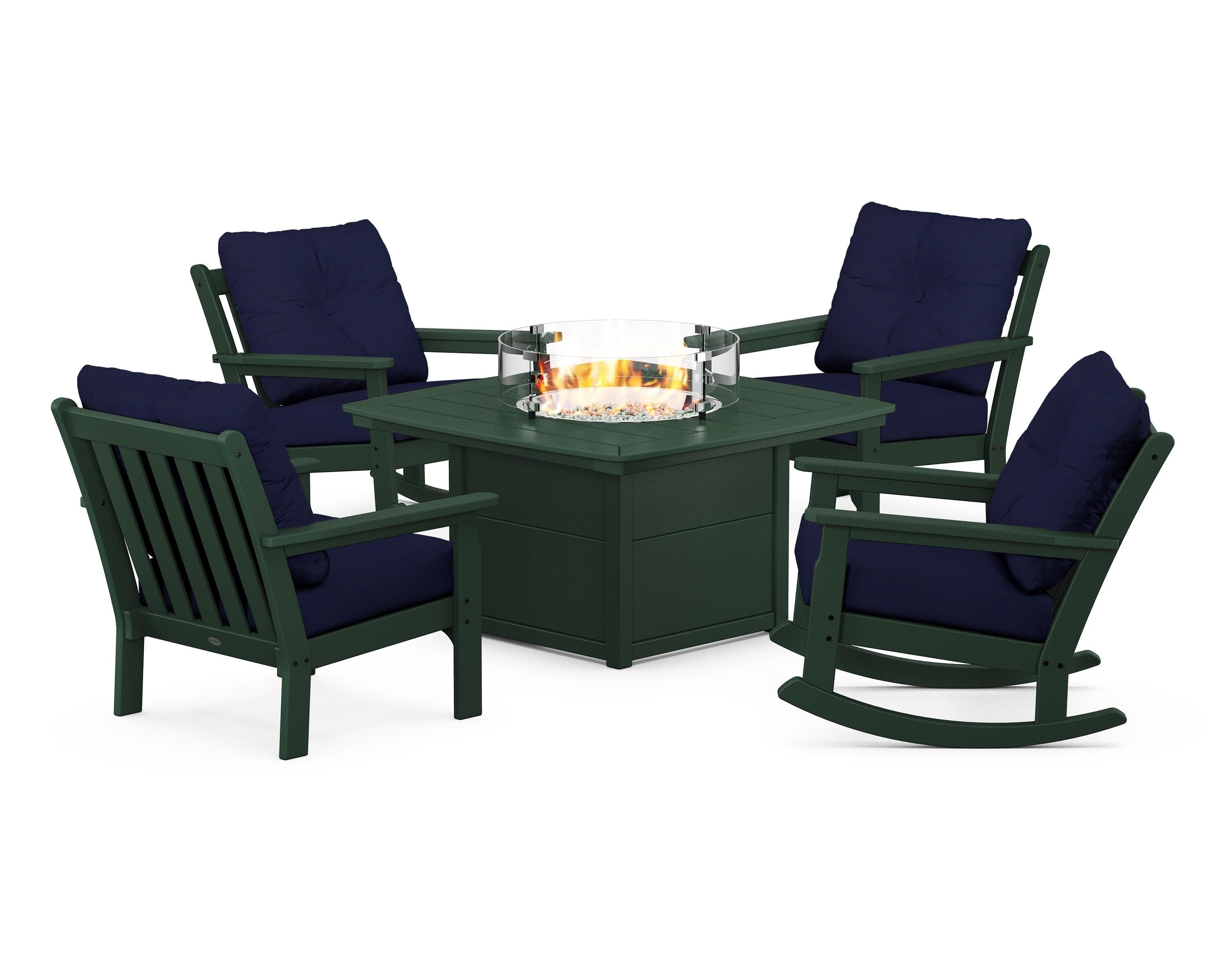 POLYWOOD® Vineyard 5-Piece Deep Seating Rocking Chair Conversation Set with Fire Pit Table in Green / Navy