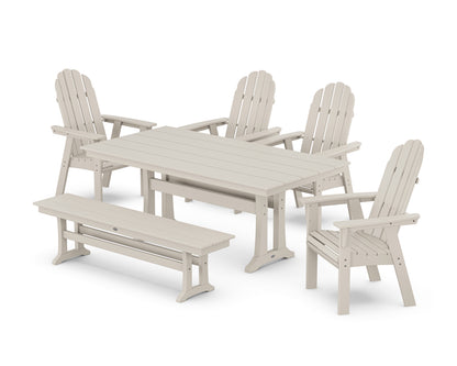 POLYWOOD® Vineyard Curveback Adirondack Chair 6-Piece Farmhouse Dining Set with Trestle Legs and Bench in Sand