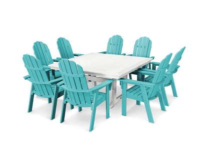POLYWOOD® Vineyard Curveback Adirondack 9-Piece Nautical Trestle Dining Set in Aruba / White