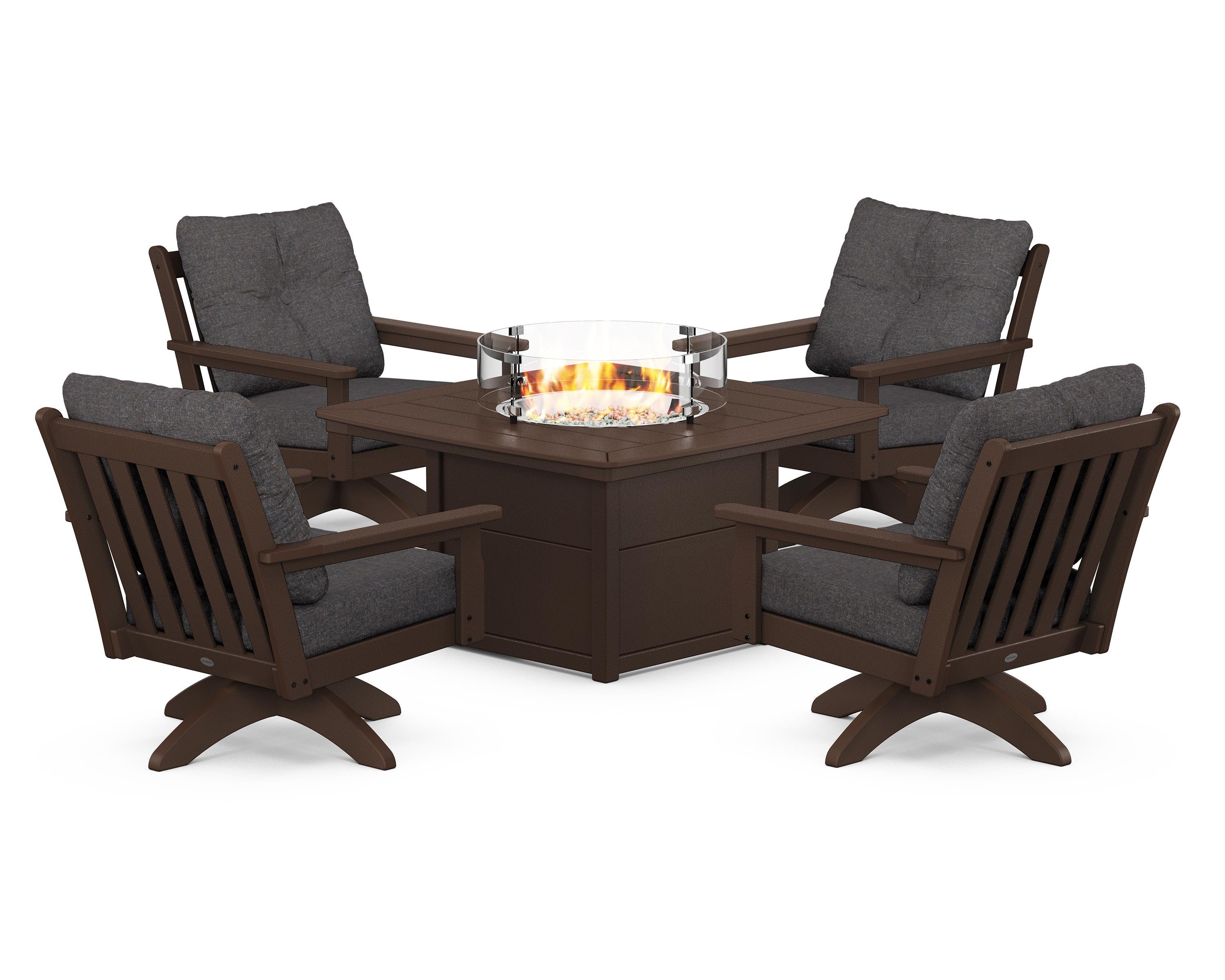 POLYWOOD® Vineyard 5-Piece Deep Seating Swivel Conversation Set with Fire Pit Table in Mahogany / Ash Charcoal