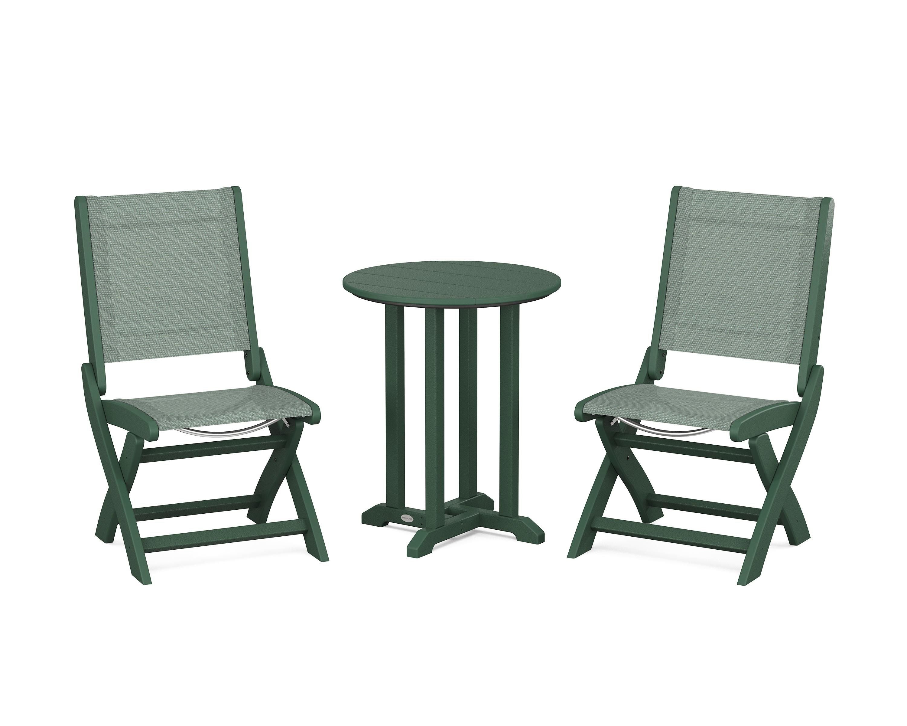 POLYWOOD® Coastal Folding Side Chair 3-Piece Round Bistro Dining Set in Green / Dupioni Sea Mist Sling