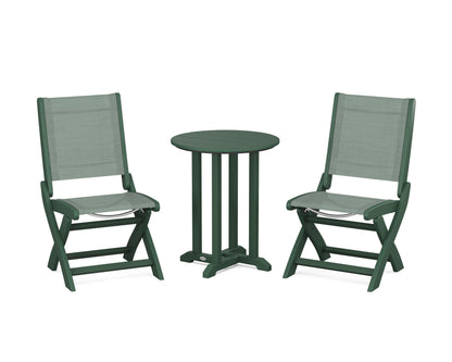 POLYWOOD® Coastal Folding Side Chair 3-Piece Round Bistro Dining Set in Green / Dupioni Sea Mist Sling