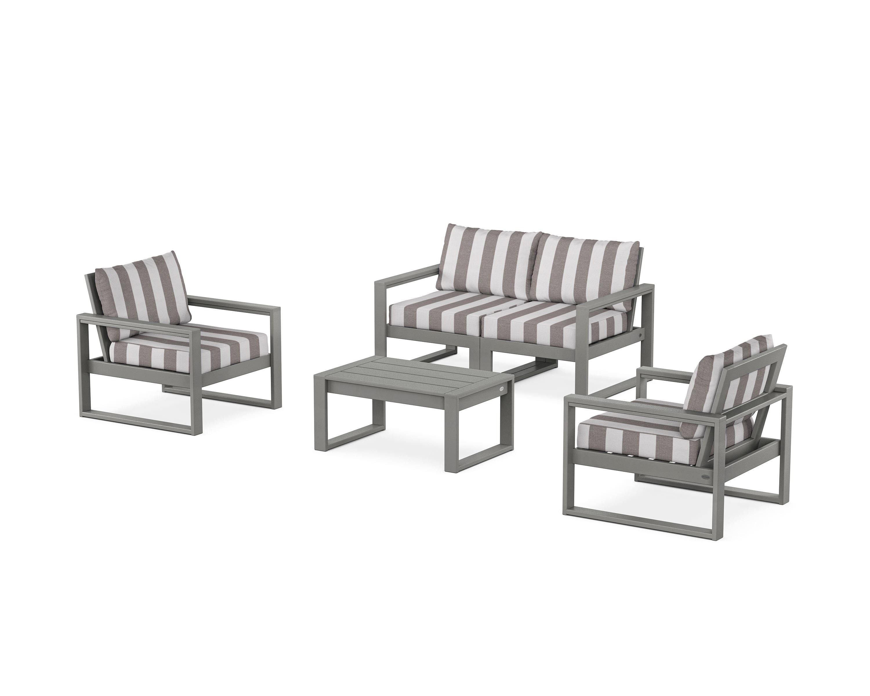 POLYWOOD® EDGE Sectional 4-Piece Deep Seating Set with Loveseat in Slate Grey / Cabana Stripe Grey Mist