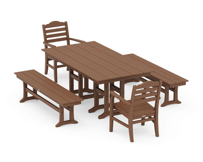 POLYWOOD® Savannah 5-Piece Farmhouse Dining Set with Benches in Teak