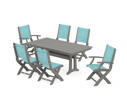 POLYWOOD® Coastal Folding Chair 7-Piece Farmhouse Dining Set with Trestle Legs in Slate Grey / Dupioni Aquamarine Sling