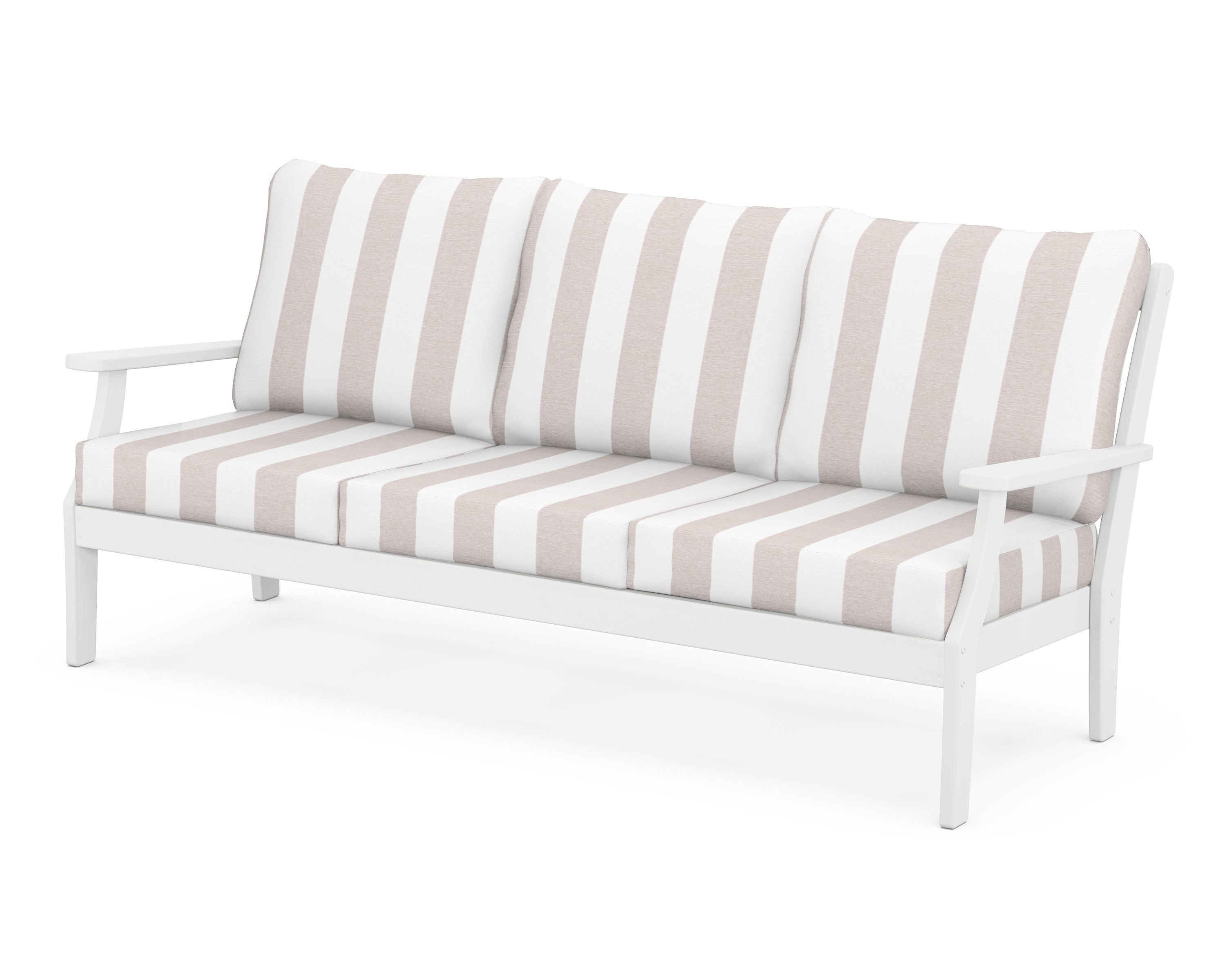 POLYWOOD® Braxton Deep Seating Sofa in White / Cabana Stripe Dune Burlap
