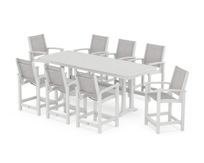 POLYWOOD® Coastal 9-Piece Counter Set with Trestle Legs in White / Parchment Sling