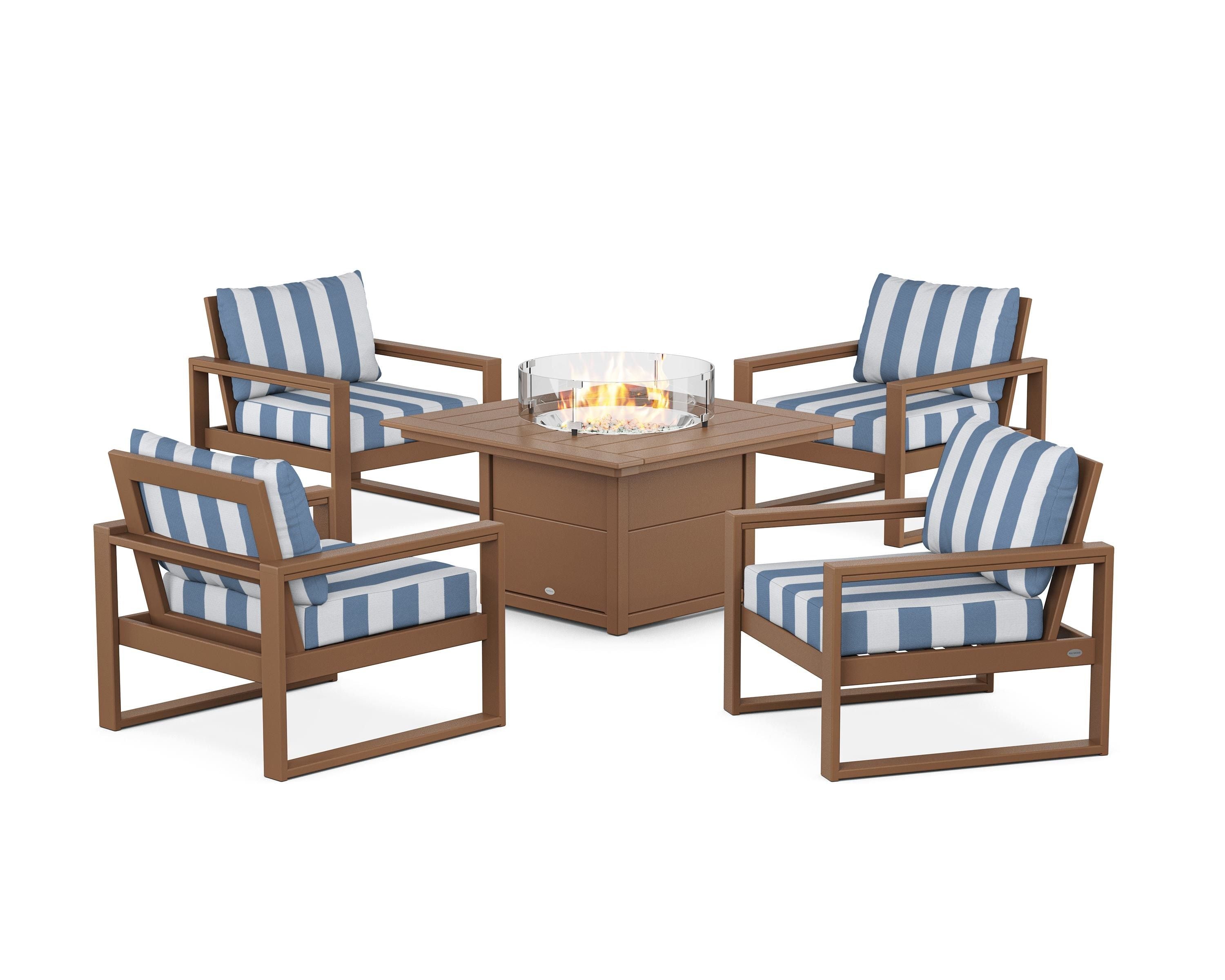 POLYWOOD® EDGE Sectional 5-Piece Deep Seating Set with Fire Pit Table in Teak / Cabana Stripe Sky Blue