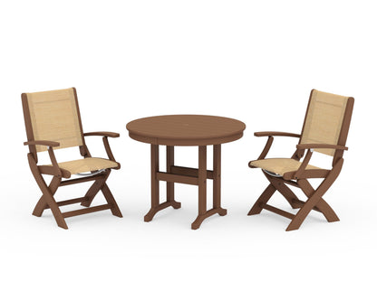 POLYWOOD® Coastal Folding Chair 3-Piece Round Dining Set in Teak / Dupioni Apricot Sling