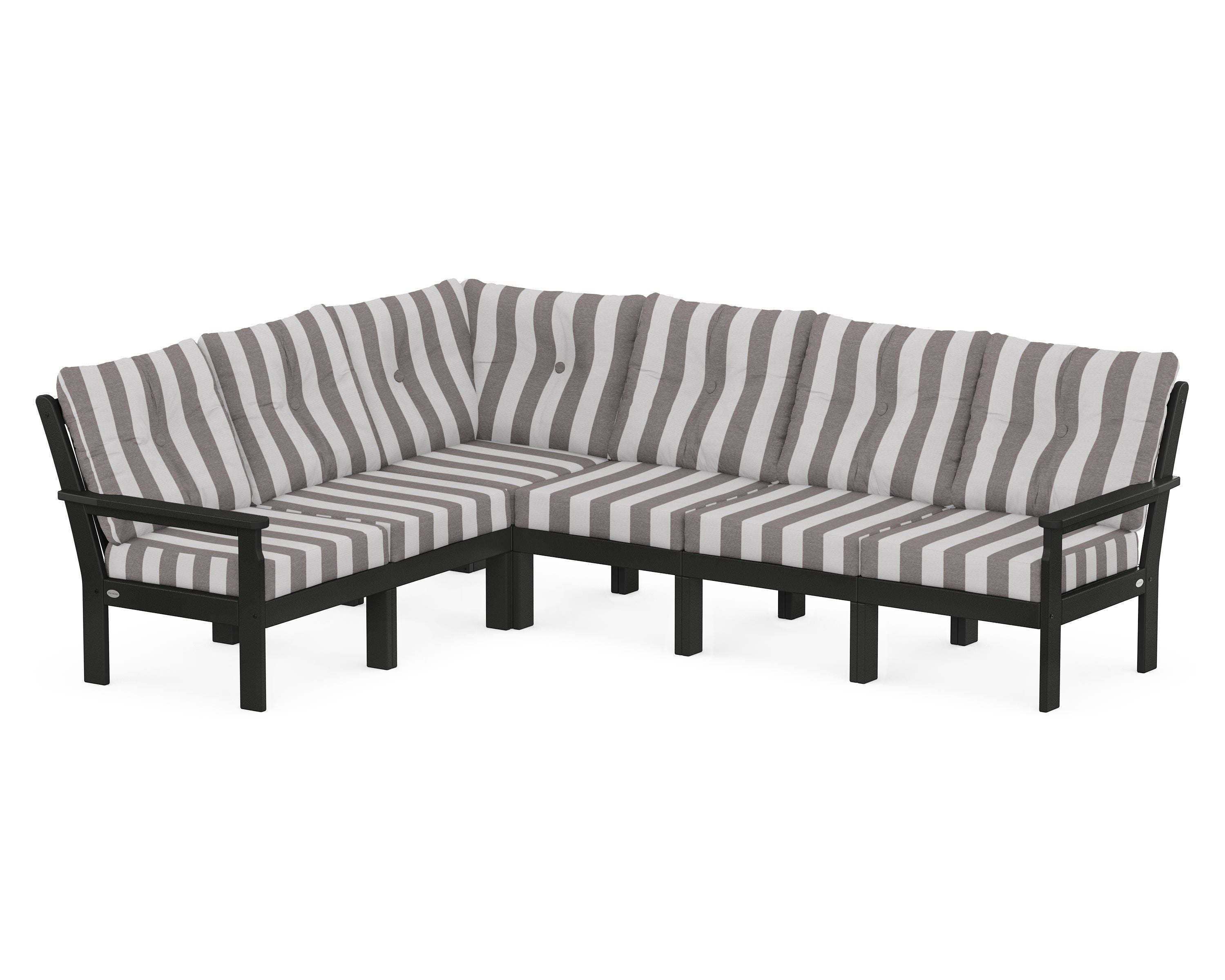 POLYWOOD® Vineyard 6-Piece Sectional in Black / Cabana Stripe Grey Mist