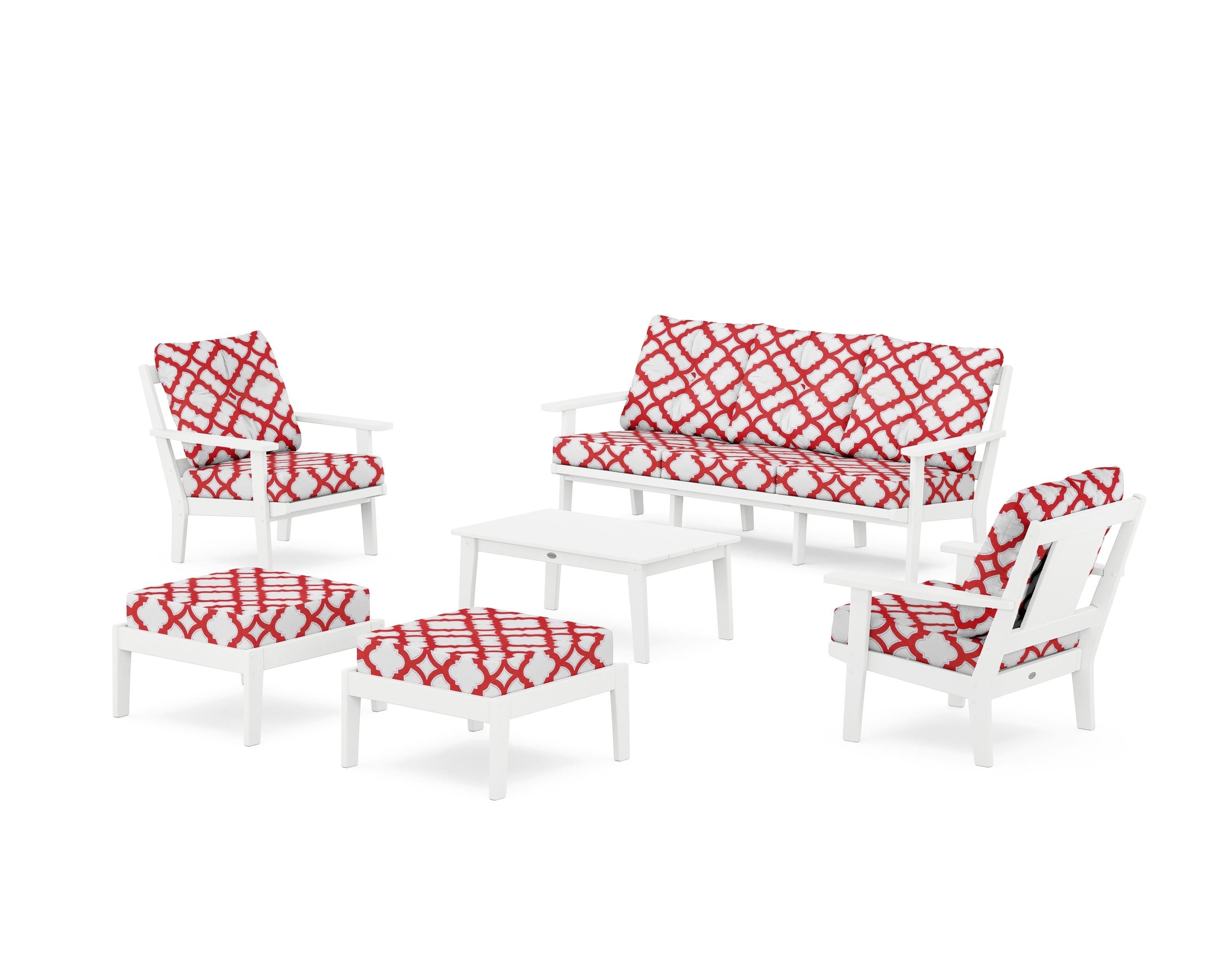 POLYWOOD® Prairie 6-Piece Lounge Sofa Set in White / Trellis Crimson
