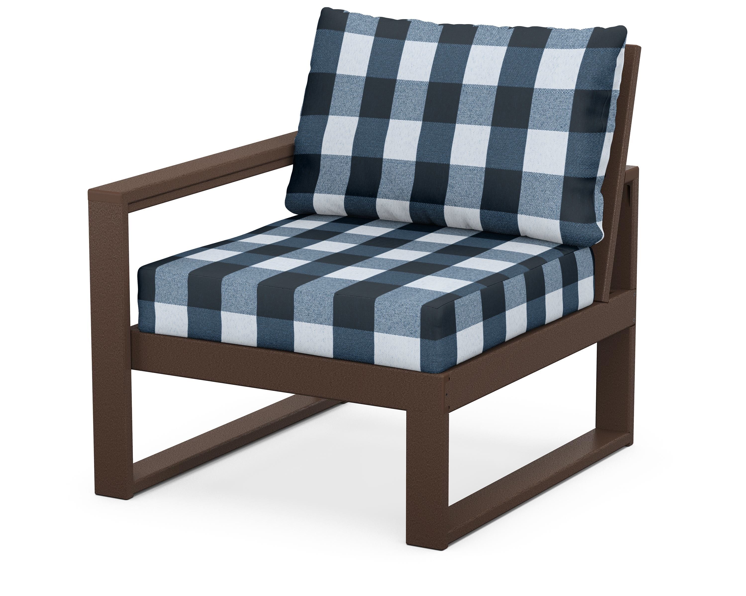 POLYWOOD® EDGE Modular Left Arm Chair in Mahogany / Buffalo Plaid Marine Indigo