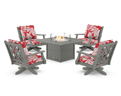 Country Living Wovendale 5-Piece Deep Seating Swivel Conversation Set with Fire Pit Table in Slate Grey / Leaf Crimson