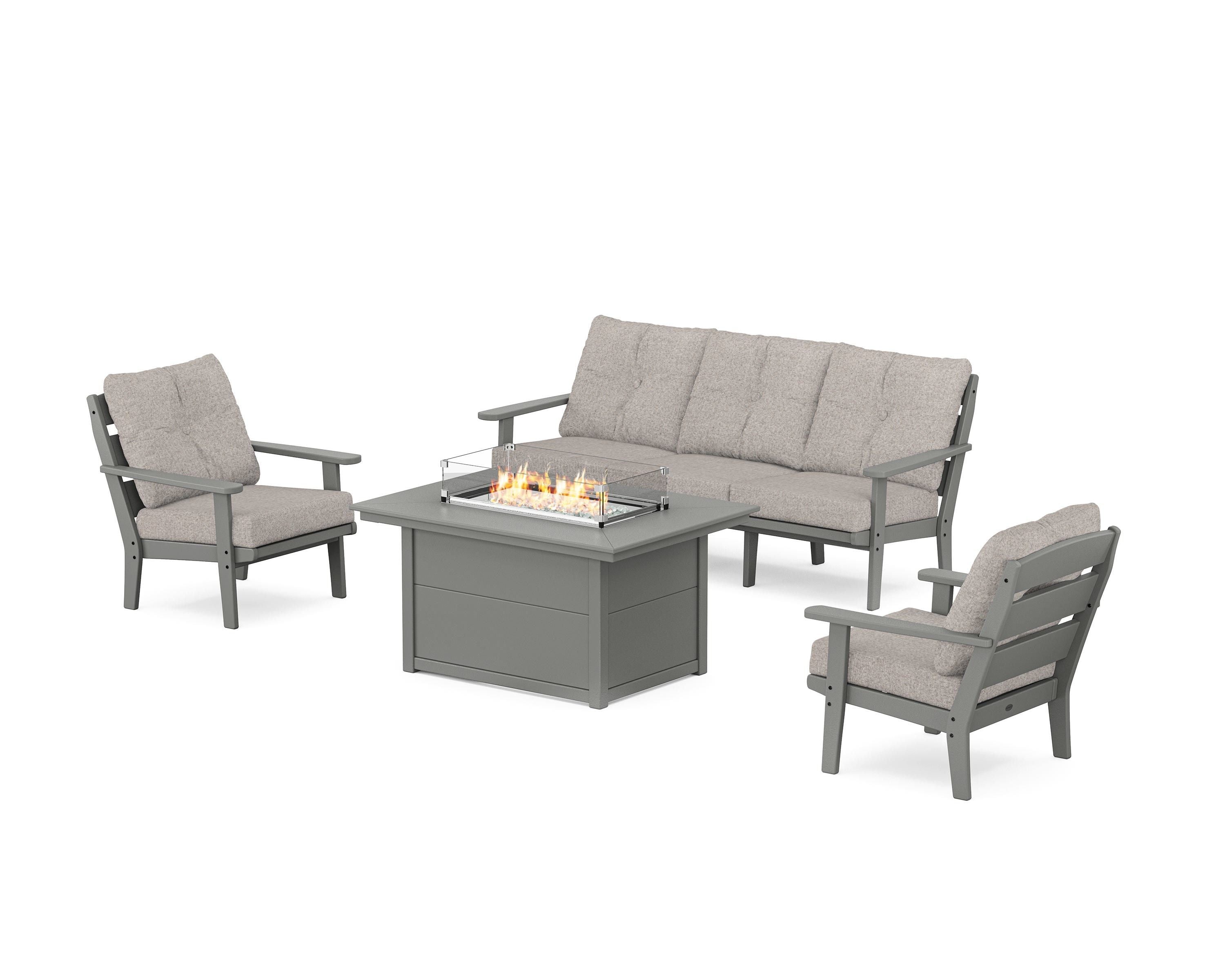 POLYWOOD® Lakeside Deep Seating Fire Pit Table Set in Slate Grey / Weathered Tweed