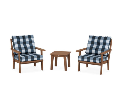 POLYWOOD® Mission 3-Piece Deep Seating Set in Teak / Buffalo Plaid Marine Indigo
