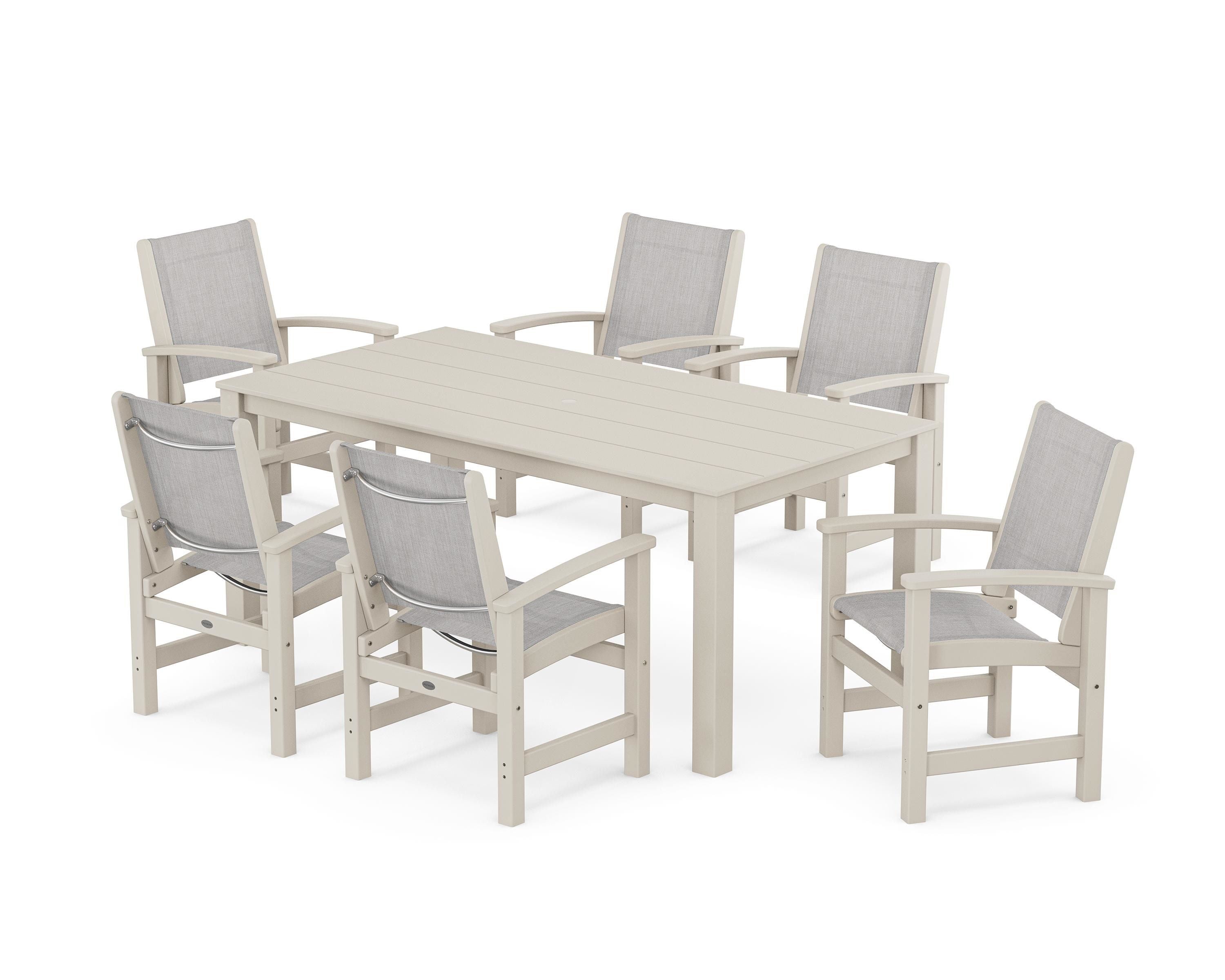 POLYWOOD® Coastal 7-Piece Parsons Dining Set in Sand / Parchment Sling