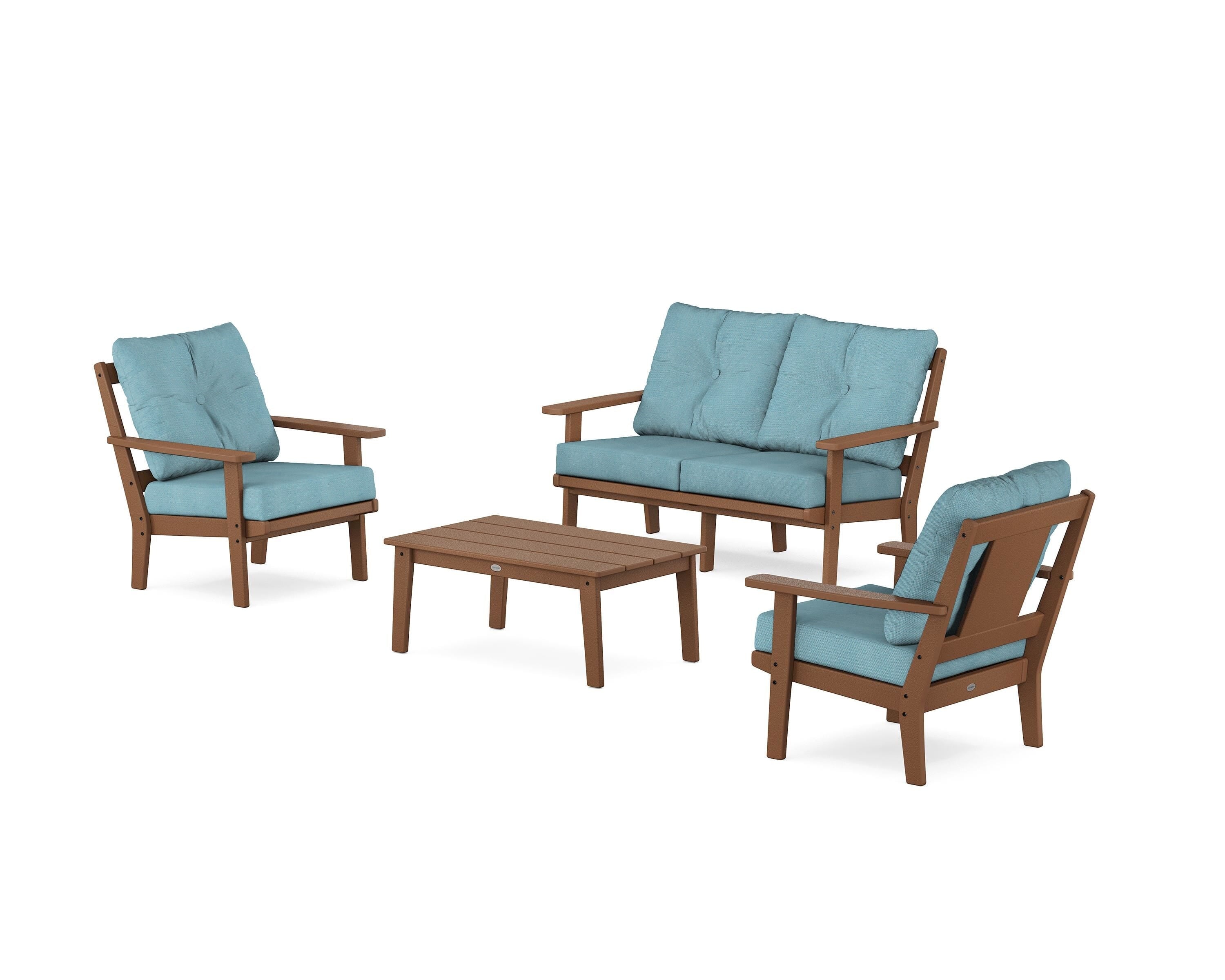 POLYWOOD® Prairie 4-Piece Deep Seating Set with Loveseat in Teak / Lattice Sky Blue