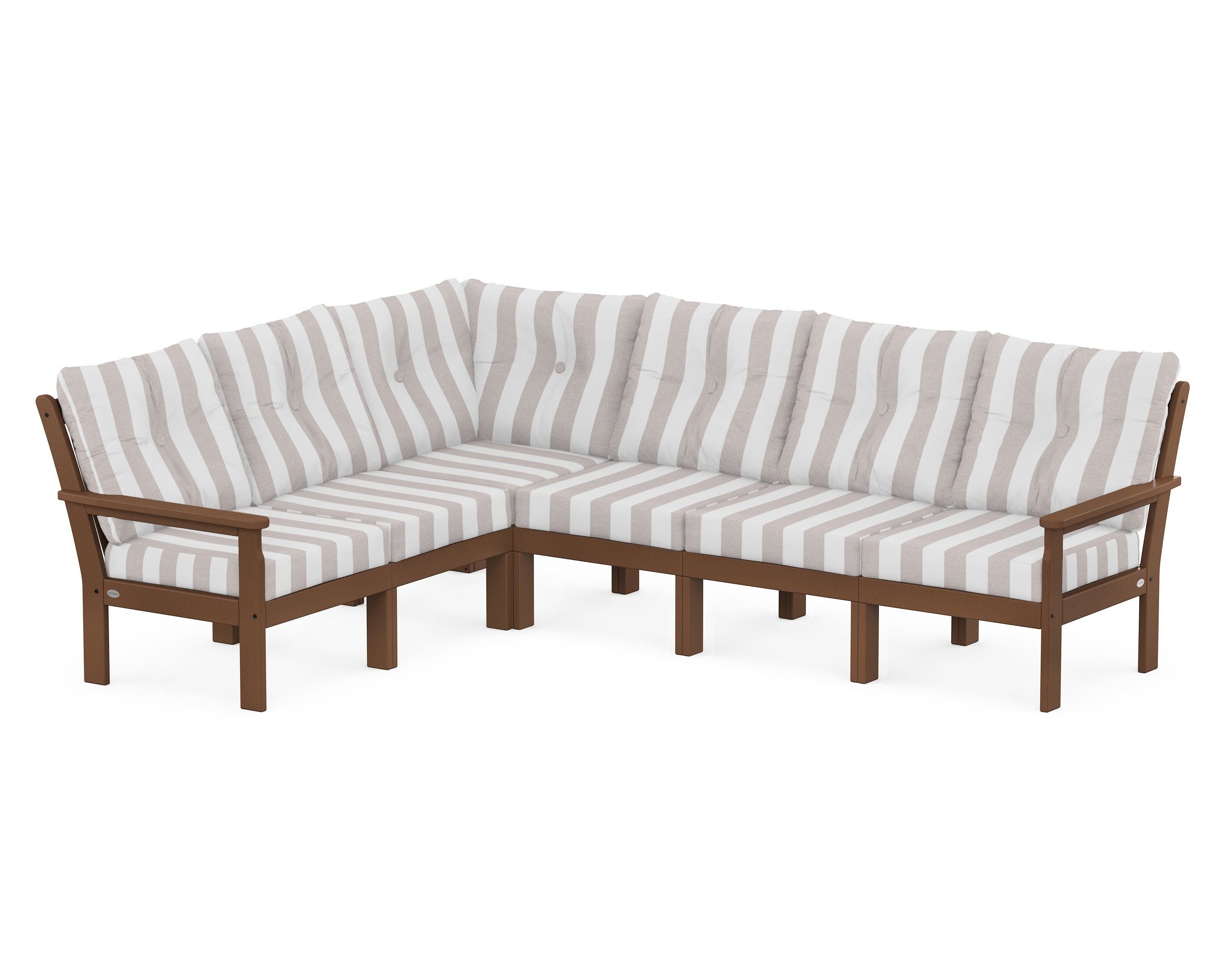POLYWOOD® Vineyard 6-Piece Sectional in Teak / Cabana Stripe Dune Burlap