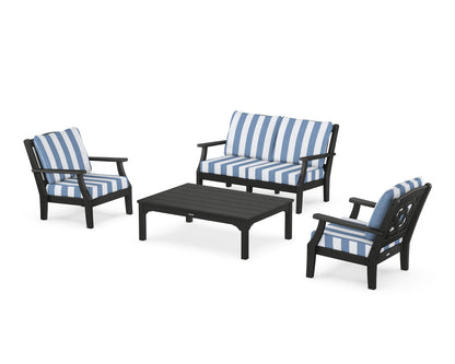 Martha Stewart by POLYWOOD® Chinoiserie 4-Piece Deep Seating Set with Loveseat in Black / Cabana Stripe Sky Blue