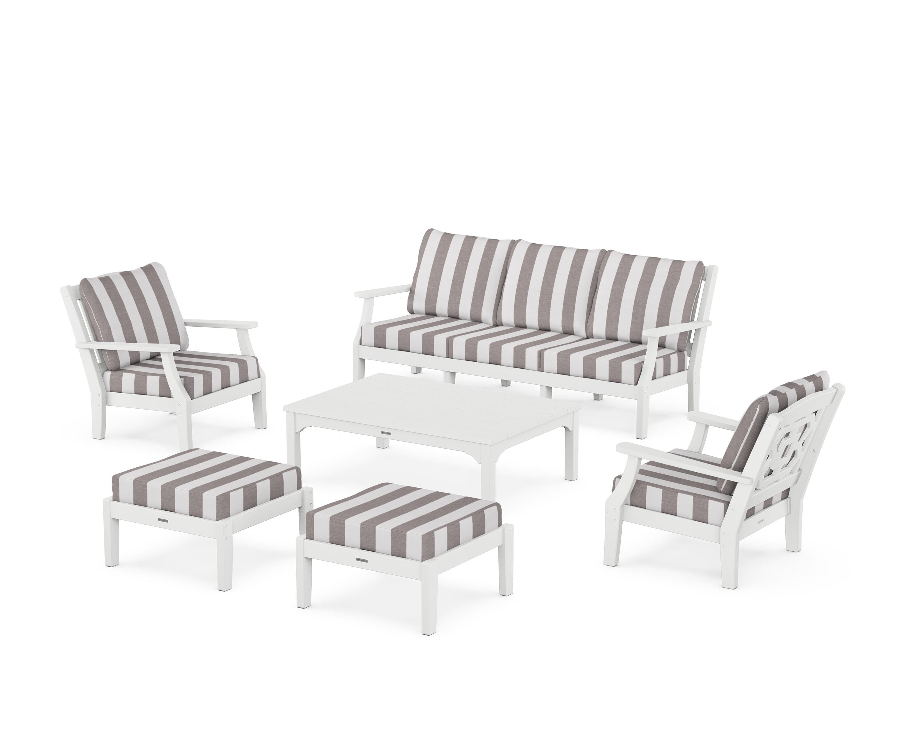 Martha Stewart by POLYWOOD® Chinoiserie 6-Piece Lounge Sofa Set in White / Cabana Stripe Grey Mist