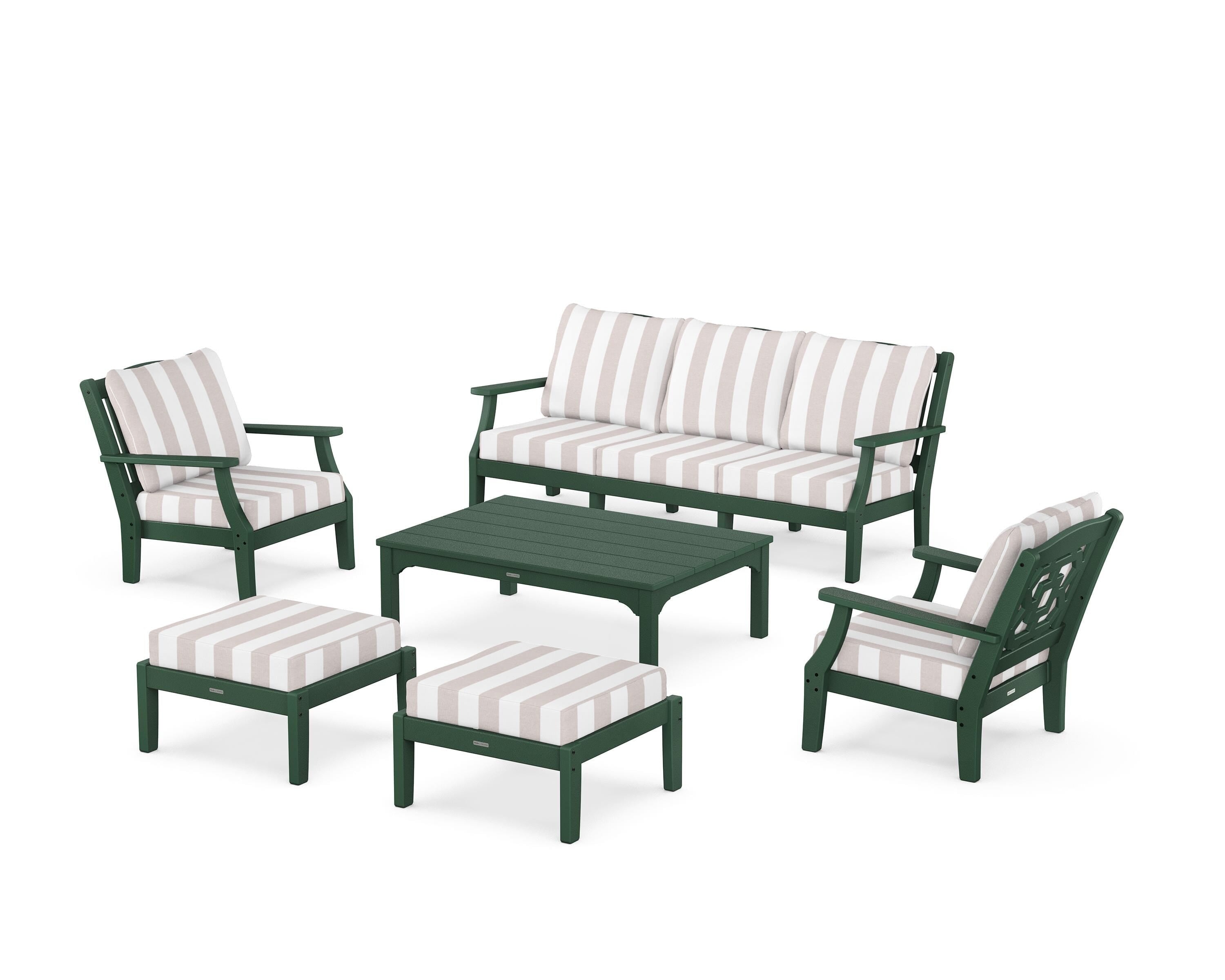 Martha Stewart by POLYWOOD® Chinoiserie 6-Piece Lounge Sofa Set in Green / Cabana Stripe Dune Burlap