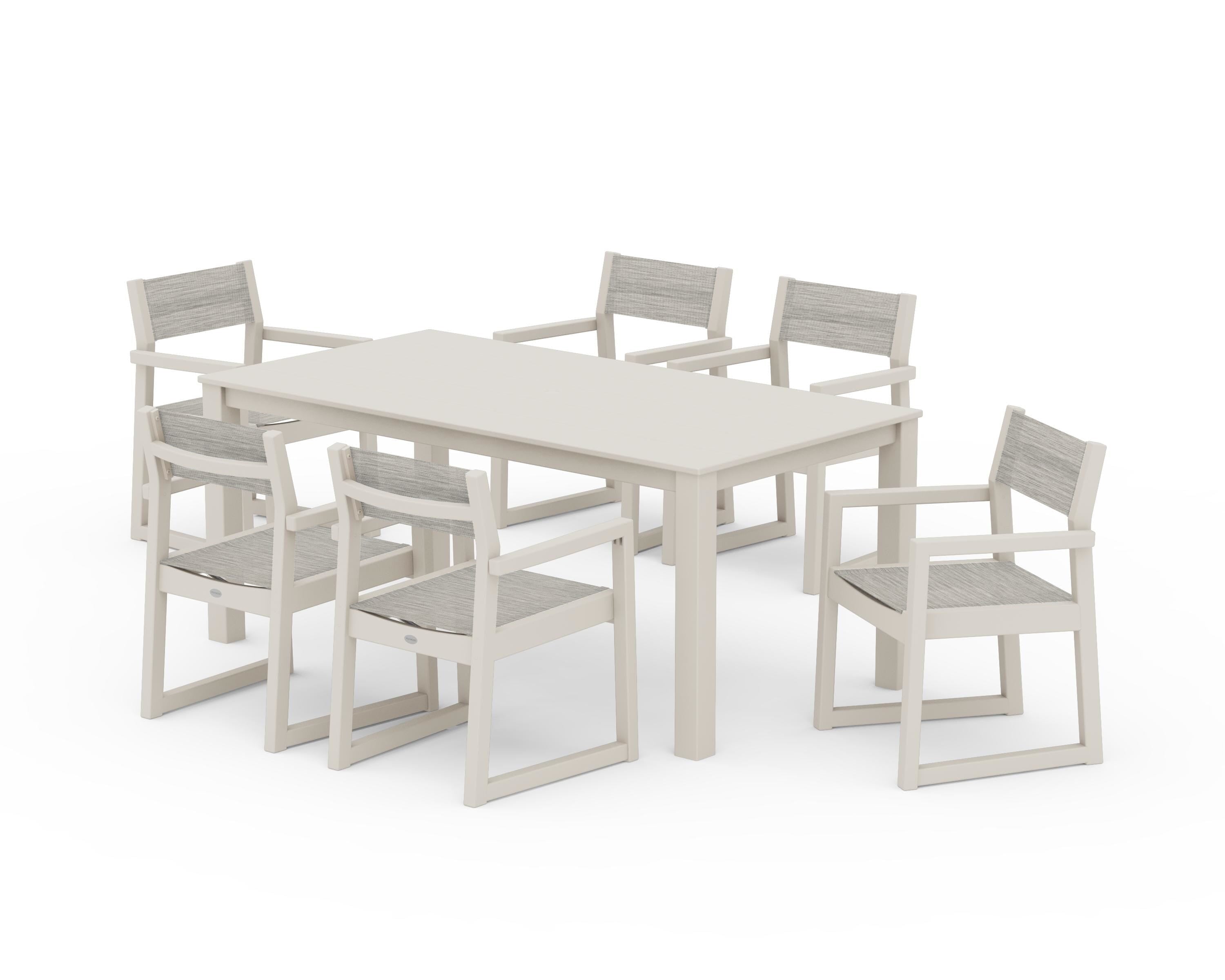 POLYWOOD® EDGE Sling Arm Chair 7-Piece Parsons Dining Set in Sand / Birch Sling