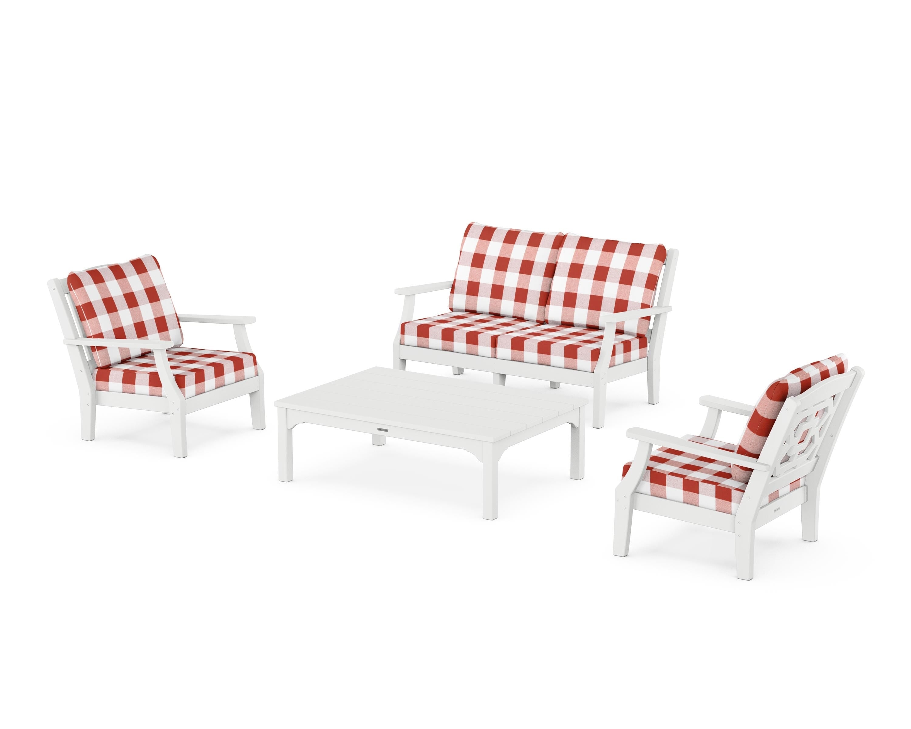 Martha Stewart by POLYWOOD® Chinoiserie 4-Piece Deep Seating Set with Loveseat in White / Buffalo Plaid Crimson