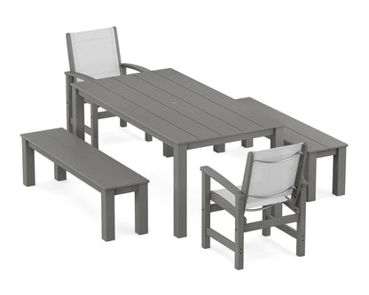 POLYWOOD® Coastal 5-Piece Parsons Dining Set with Benches in Slate Grey / White Sling