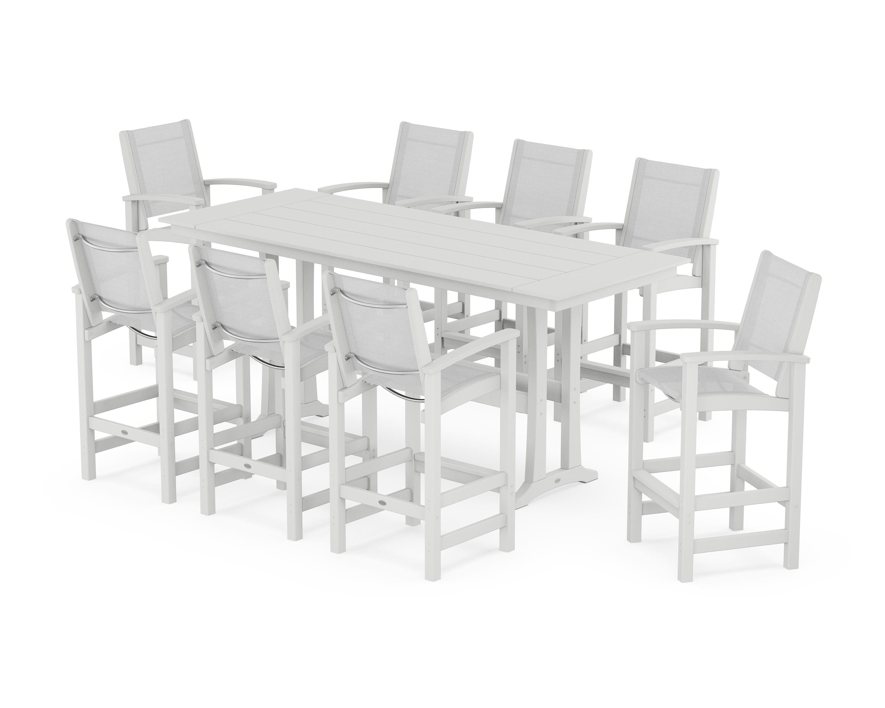 POLYWOOD® Coastal 9-Piece Farmhouse Bar Set with Trestle Legs in White / White Sling